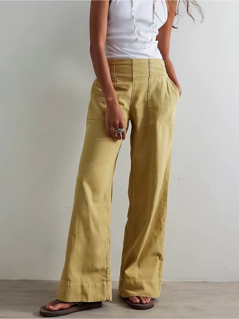 Women Boyfriend Wide Leg Denim Pants Back Smocked High Waist Jeans Small Yellow